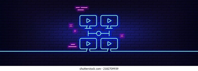 Neonhellgrauer Effekt. Virtuelles Konferenzzeilensymbol. Online-Schulungszeichen. Symbol für die Präsentation von Videoteams. 3D-Linie Neonglühsymbol. Brick-Wand-Banner. Video-Konferenzplan. Vektorgrafik
