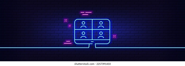 Neon light glow effect. Virtual conference line icon. Online training sign. Video team presentation symbol. 3d line neon glow icon. Brick wall banner. Video conference outline. Vector