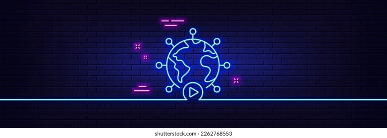 Neon light glow effect. Virtual conference line icon. Online training sign. Web presentation symbol. 3d line neon glow icon. Brick wall banner. Video conference outline. Vector