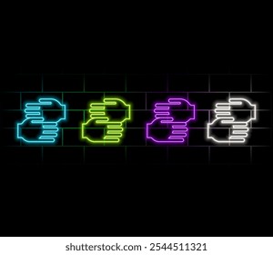 Efecto de brillo de luz de neón. Icono de línea de cuidado voluntario. Ayudando a firmar con la mano. Símbolo de hospicio. Icono del resplandor de neón de la línea 3D. Anuncio de pared de ladrillo. Esquema de los voluntarios. Vector.