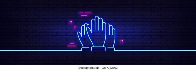 Neon light glow effect. Vote hands line icon. Election voting sign. Volunteers or referendum symbol. 3d line neon glow icon. Brick wall banner. Vote outline. Vector