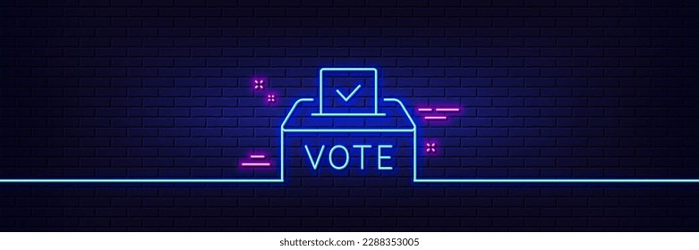 Neon light glow effect. Vote box line icon. Voting ballot sign. Public election symbol. 3d line neon glow icon. Brick wall banner. Vote box outline. Vector