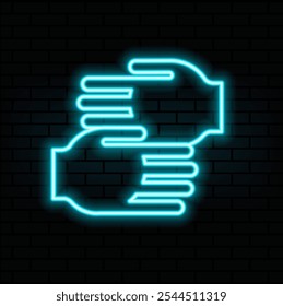 Neon light glow effect. Vote hands line icon. Election voting sign. Volunteers or referendum symbol. 3d line neon glow icon. Brick wall banner. Vote outline. Vector.