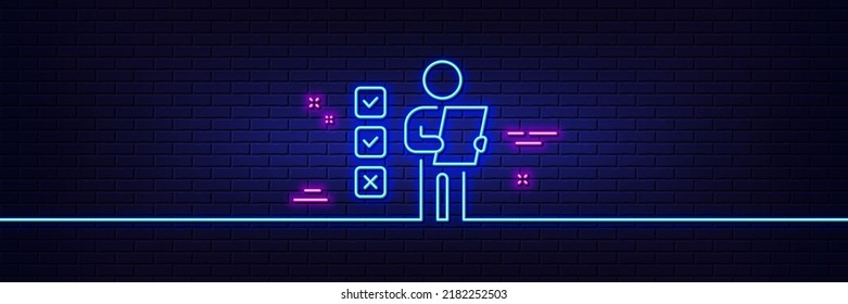 Neon light glow effect. Voting ballot paper line icon. Vote checklist sign. Public election symbol. 3d line neon glow icon. Brick wall banner. Voting ballot outline. Vector