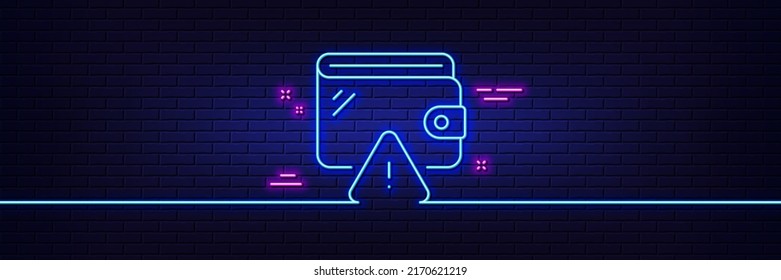 Neon light glow effect. Wallet line icon. Money purse sign. Cash budget symbol. 3d line neon glow icon. Brick wall banner. Wallet outline. Vector