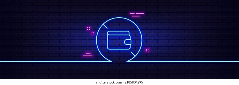 Neon light glow effect. Wallet line icon. Money budget purse sign. No cash allowed symbol. 3d line neon glow icon. Brick wall banner. Wallet outline. Vector