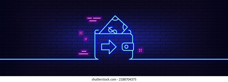 Neon light glow effect. Wallet line icon. Money payment sign. Dollar finance symbol. 3d line neon glow icon. Brick wall banner. Wallet outline. Vector