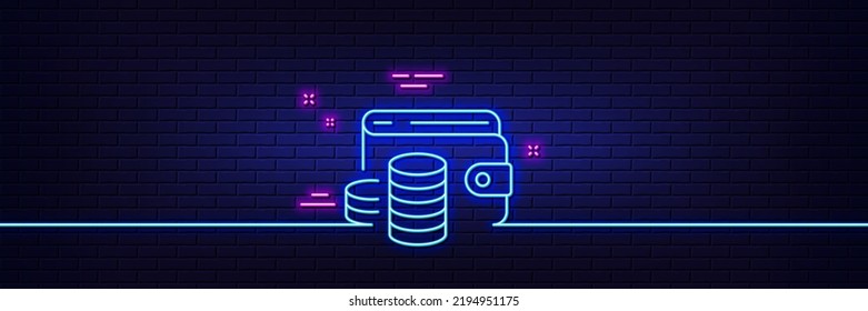 Neon light glow effect. Wallet money line icon. Cash coins sign. Business income symbol. 3d line neon glow icon. Brick wall banner. Wallet money outline. Vector