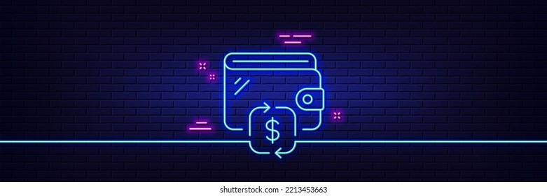 Neon light glow effect. Wallet line icon. Transfer money purse sign. Cash budget symbol. 3d line neon glow icon. Brick wall banner. Wallet outline. Vector