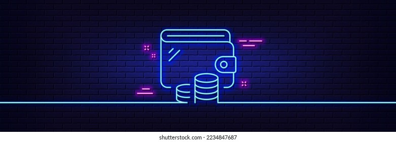 Neonhellgrauer Effekt. Symbol für die digitale Brieftasche. Geldbeutel-Schild. Symbol für Bargeld. 3D-Linie Neonglühsymbol. Brick-Wand-Banner. Brieftasche-Umriss. Vektorgrafik