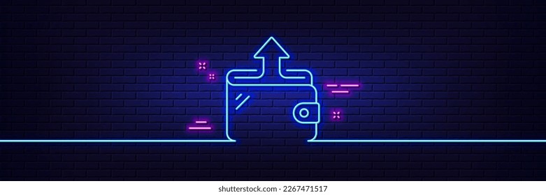 Neonhellgrauer Effekt. Symbol für die digitale Brieftasche. Senden Sie ein Geldbeutel-Schild. Symbol für Bargeld. 3D-Linie Neonglühsymbol. Brick-Wand-Banner. Brieftasche-Umriss. Vektorgrafik