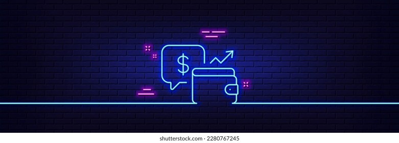 Neon light glow effect. Wallet line icon. Money savings sign. Cash budget symbol. 3d line neon glow icon. Brick wall banner. Wallet outline. Vector