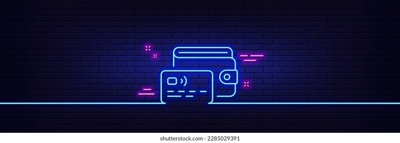 Neon light glow effect. Wallet line icon. Money purse with credit card sign. Cash budget symbol. 3d line neon glow icon. Brick wall banner. Wallet outline. Vector