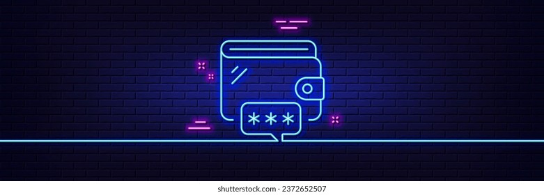 Neon light glow effect. Wallet line icon. Money purse password sign. Cash budget symbol. 3d line neon glow icon. Brick wall banner. Wallet outline. Vector