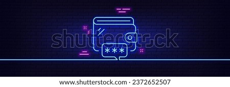 Neon light glow effect. Wallet line icon. Money purse password sign. Cash budget symbol. 3d line neon glow icon. Brick wall banner. Wallet outline. Vector