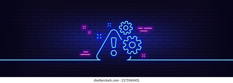 Neon light glow effect. Warning line icon. Attention triangle sign. Caution alert symbol. 3d line neon glow icon. Brick wall banner. Warning outline. Vector