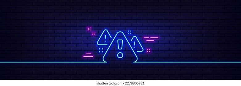 Neon light glow effect. Warning line icon. Attention triangle sign. Caution alert symbol. 3d line neon glow icon. Brick wall banner. Warning outline. Vector