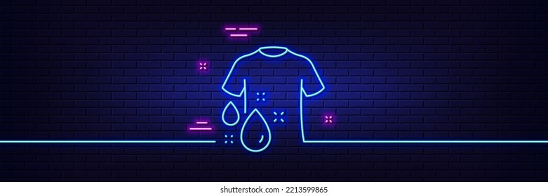 Neon light glow effect. Wash t-shirt line icon. Laundry shirt sign. Clothing cleaner symbol. 3d line neon glow icon. Brick wall banner. Wash t-shirt outline. Vector