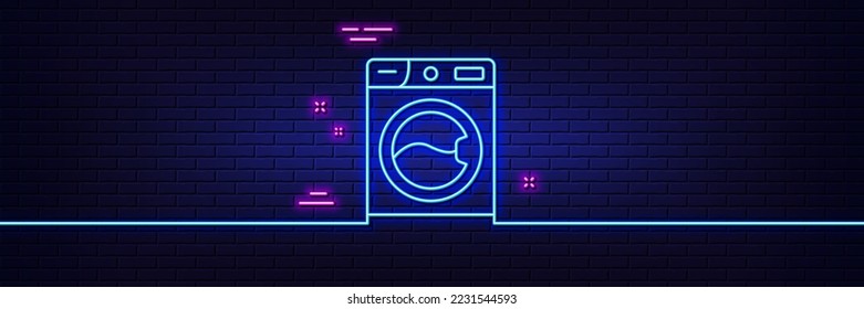 Neon light glow effect. Washing machine line icon. Cleaning service symbol. Laundry sign. 3d line neon glow icon. Brick wall banner. Washing machine outline. Vector