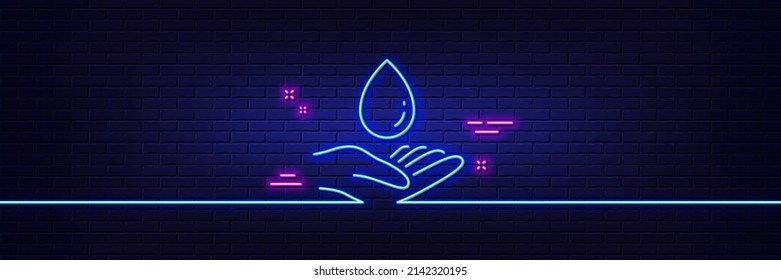 Efecto luminoso neón. Icono de línea de cuidado de agua. Limpiar el signo de caída de agua. Símbolo de mano. Icono de resplandor de neón de 3d línea. Banner de pared de ladrillo. Esbozo del cuidado del agua. Vector