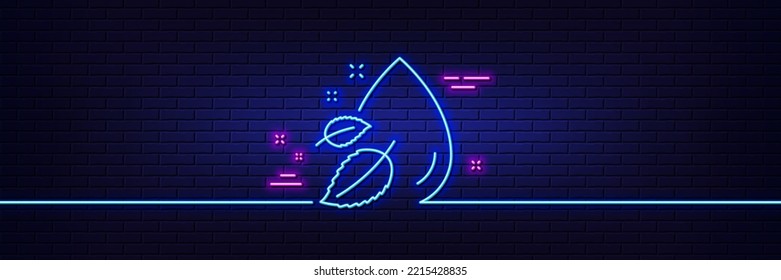 Neon light glow effect. Water drop line icon. Moisture sign. 3d line neon glow icon. Brick wall banner. Water drop outline. Vector