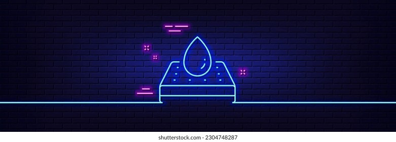 Neon light glow effect. Waterproof mattress protector line icon. Orthopedic pad sign. Breathable sleep bed symbol. 3d line neon glow icon. Brick wall banner. Waterproof mattress outline. Vector
