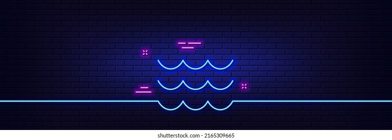 Neon light glow effect. Waves line icon. Sea flowing sign. Water symbol. 3d line neon glow icon. Brick wall banner. Waves outline. Vector