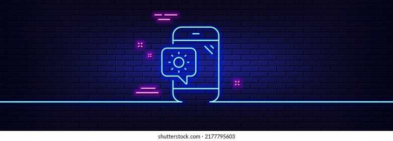 Efecto luminoso neón. Icono de la línea de teléfono del tiempo. Signo de dispositivo de viaje. Símbolo de vacaciones. Icono de resplandor de neón de 3d línea. Banner de pared de ladrillo. Esquema del teléfono del tiempo. Vector