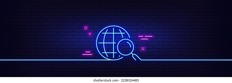 Neon light glow effect. Web search line icon. Find internet results sign. 3d line neon glow icon. Brick wall banner. Web search outline. Vector