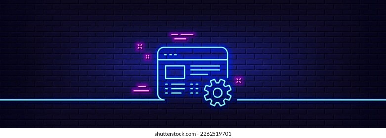 Efecto luminoso neón. icono de línea de configuración Web. Signo de herramienta de la rueda cognitiva de ingeniería. Símbolo del engranaje de cog. Icono de resplandor de neón de 3d línea. Banner de pared de ladrillo. Esquema de configuración Web. Vector