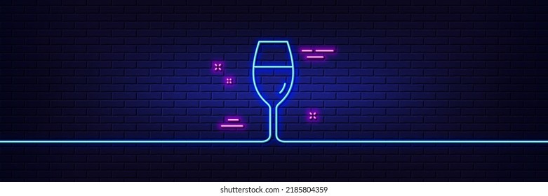 Neon light glow effect. Wine glass line icon. Burgundy glass sign. 3d line neon glow icon. Brick wall banner. Wineglass outline. Vector
