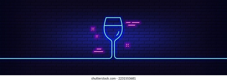 Neon light glow effect. Wine glass line icon. Bordeaux glass sign. 3d line neon glow icon. Brick wall banner. Wine glass outline. Vector