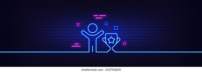 Neon light glow effect. Winner cup line icon. Award trophy sign. Best achievement symbol. 3d line neon glow icon. Brick wall banner. Winner cup outline. Vector