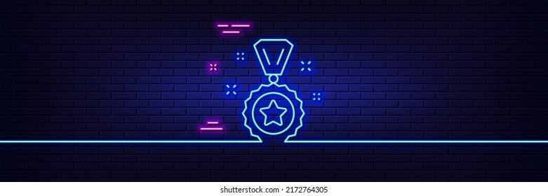 Neon light glow effect. Winner reward line icon. Award medal sign. Best achievement symbol. 3d line neon glow icon. Brick wall banner. Winner reward outline. Vector