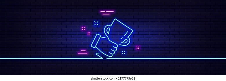 Neon Light Glow Effect. Winner Cup Line Icon. Hold Trophy Sign. Best Achievement Symbol. 3d Line Neon Glow Icon. Brick Wall Banner. Winner Cup Outline. Vector