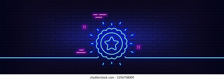 Neon light glow effect. Winner star line icon. Award medal sign. Best achievement symbol. 3d line neon glow icon. Brick wall banner. Winner star outline. Vector