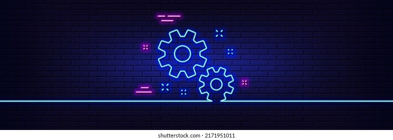 Efecto luminoso neón. Icono de línea de trabajo. Signo de administración de negocios. Símbolo de rueda o engranaje. Icono de resplandor de neón de 3d línea. Banner de pared de ladrillo. Esbozo de trabajo. Vector