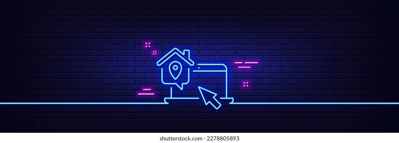 Efecto luminoso neón. Icono de trabajo en línea principal. Signo de trabajo independiente. Símbolo de empleado de oficina remota. Icono de resplandor de neón de 3d línea. Banner de pared de ladrillo. Esbozo del hogar del trabajo. Vector