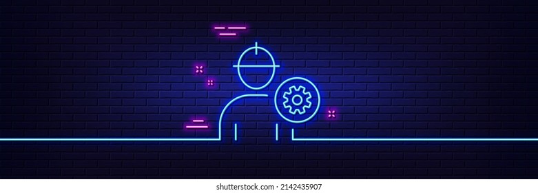 Neon light glow effect. Worker line icon. Engineer Profile with cogwheel sign. Male Person silhouette symbol. 3d line neon glow icon. Brick wall banner. Engineer outline. Vector