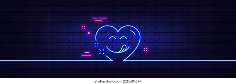 Neon light glow effect. Yummy smile line icon. Emoticon with tongue sign. Comic heart symbol. 3d line neon glow icon. Brick wall banner. Yummy smile outline. Vector