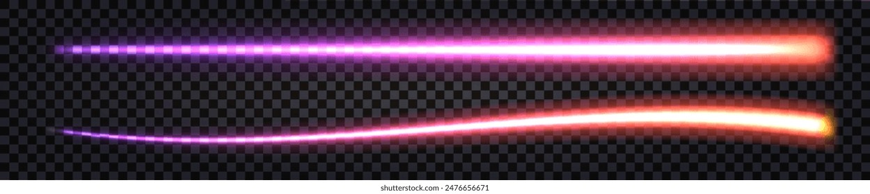 Neon light glow laser beam stick, synthwave purple fiery thunder bolt, electric llines with neon effect, shiny border. Vector isolated transparent 