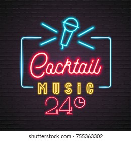 Neon Light Glowing Cocktail Music with Microphone Symbol Graphic Vector