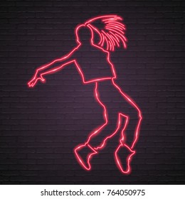 Neon Light Glowing Dance Girl Silhouette Symbol Vector Graphic Illustration Red Colour