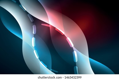 Neon light glowing effect. Modern blue shiny neon wave line. Banner, poster template. Glow swirl light effect. Blue abstract background. Abstract technology background.