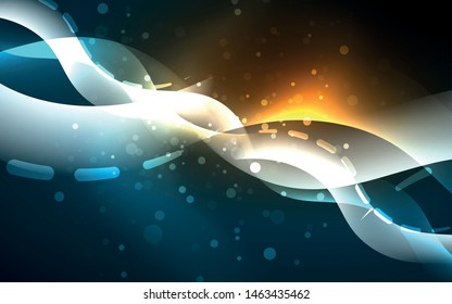 Neon light glowing effect. Modern blue shiny neon wave line. Banner, poster template. Glow swirl light effect. Blue abstract background. Abstract technology background.