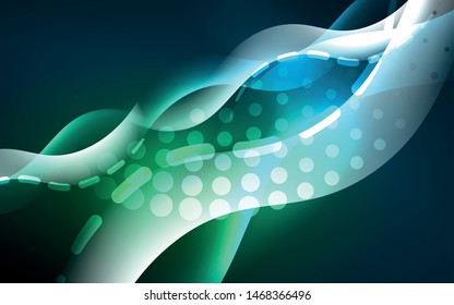 Neon light glowing effect. Modern blue shiny neon wave line. Banner, poster template. Glow swirl light effect. Blue abstract background. Abstract technology background.