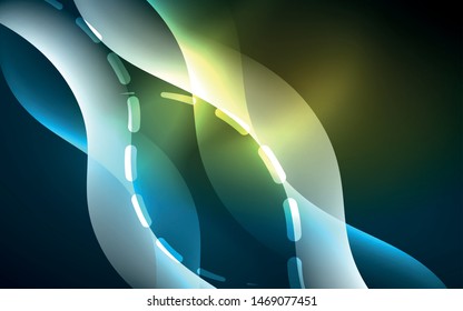Efecto luminoso neón. Línea moderna de onimato brillante azul. Cartel, plantilla de afiches. Efecto de la luz de giro brillante. Fondo abstracto azul. Resumen de los antecedentes tecnológicos.