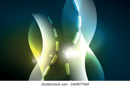 Neon light glowing effect. Modern blue shiny neon wave line. Banner, poster template. Glow swirl light effect. Blue abstract background. Abstract technology background.