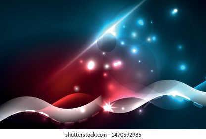 Neon light glowing effect. Modern blue shiny neon wave line. Banner, poster template. Glow swirl light effect. Blue abstract background. Abstract technology background.