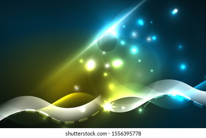 Neon light glowing effect. Modern blue shiny neon wave line. Banner, poster template. Glow swirl light effect. Blue abstract background. Abstract technology background.